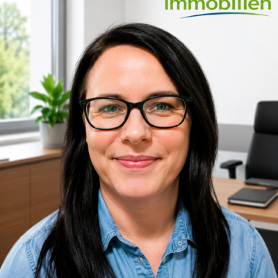 Portrait of a smiling woman with black hair and glasses in an office, Debus Immobilien logo in the background.