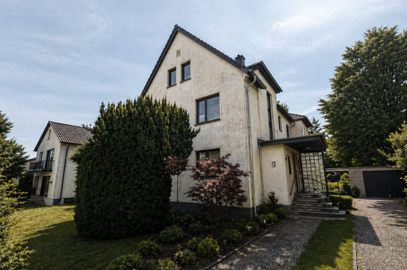 Two-story beige house with a sloped dark roof, front porch, and a gravel path lined with shrubs under a clear blue sky.