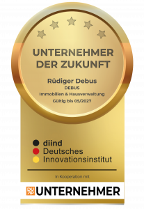 Gold medal badge: 'Unternehmer der Zukunft' with sponsor 'Rüdiger Debus' and 'DEBUS Immobilien & Hausverwaltung'; gültig bis 05/2027.