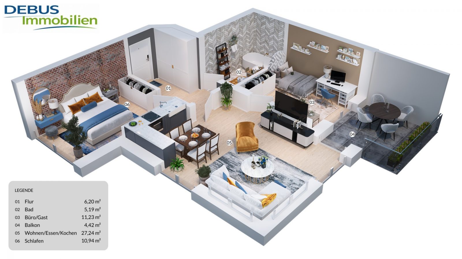 Isometric 3D floor plan of a modern apartment with bedroom, living area, kitchen, bathroom, office, second bedroom and balcony (labels 01–06).