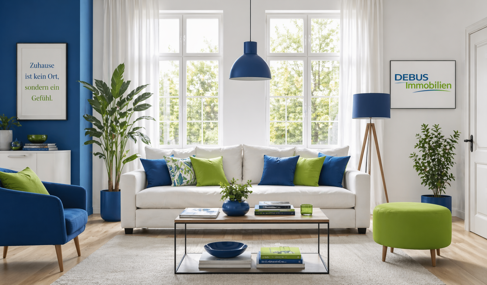 Bright living room with white sofa, blue-green cushions, and blue pendant light, flanked by large windows and lush plants.
