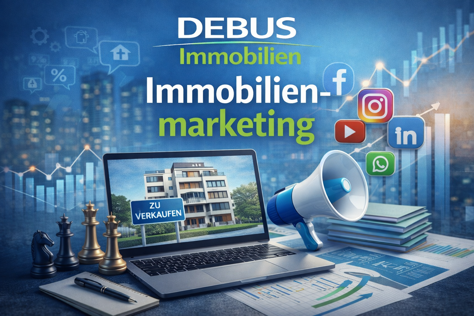 Real estate marketing scene with laptop displaying a building and 'ZU VERKAUFEN' sign, a megaphone, and social icons in a blue finance background.