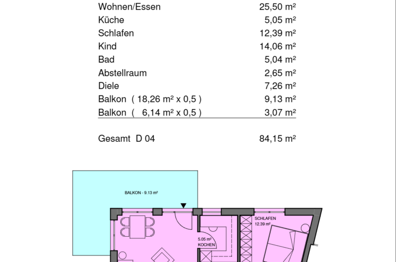 Wohnflächenberechnung eines Apartments D 04: Liste der Raumflächen (Wohnnen 25,50 m², Küche 5,05 m², Schlafen 12,39 m², etc.) und Gesamt 84,15 m²; Grundriss mit Balkonflächen.