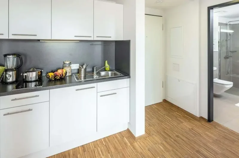 Modern white kitchen with dark countertop and sink, appliances, and a fruit bowl; doorway leads to a glass-walled bathroom on the right.