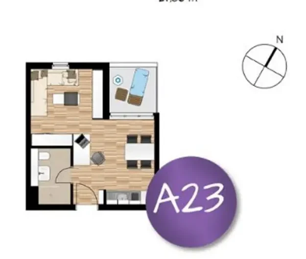 Top-down floor plan of a small apartment labeled A23, showing a living area with sofa and TV, a dining table and kitchenette, a bedroom with a bed, a bathroom, and a balcony; includes a north orientation compass in the upper-right.