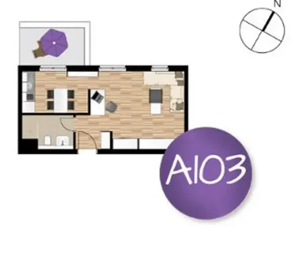 Floor plan for apartment A103: living area 26.79 m², bathroom 4.02 m², terrace 3.10 m² (total ~33.9 m²).