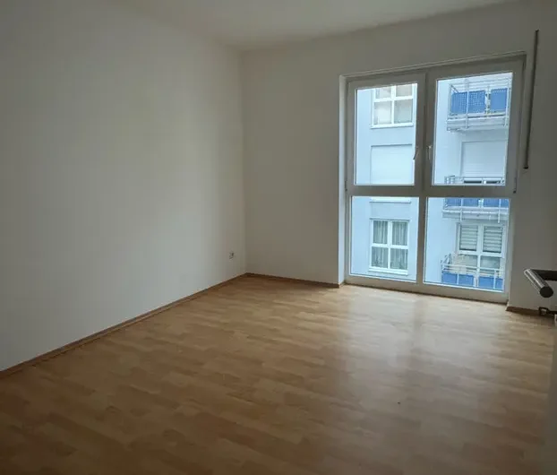 Empty room with white walls and light wood floor, featuring a large window and a radiator on the right.