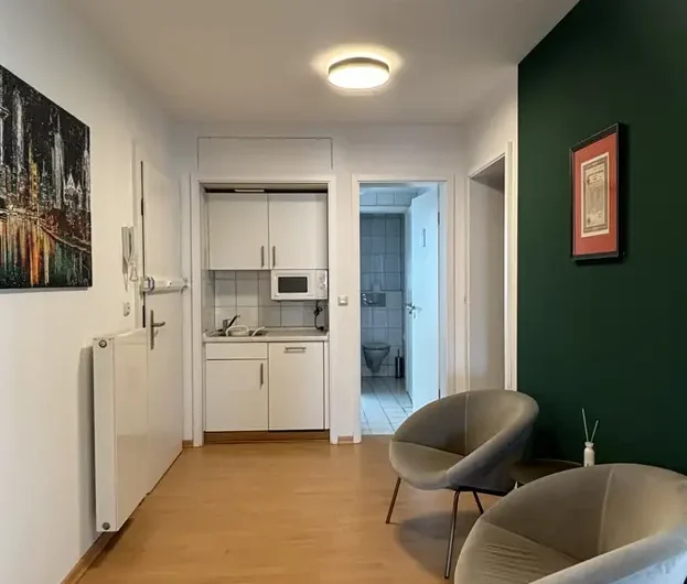 Open-plan living area with a compact white kitchenette at the back, two gray curved chairs, wood floor, and a dark green accent wall with a framed picture.