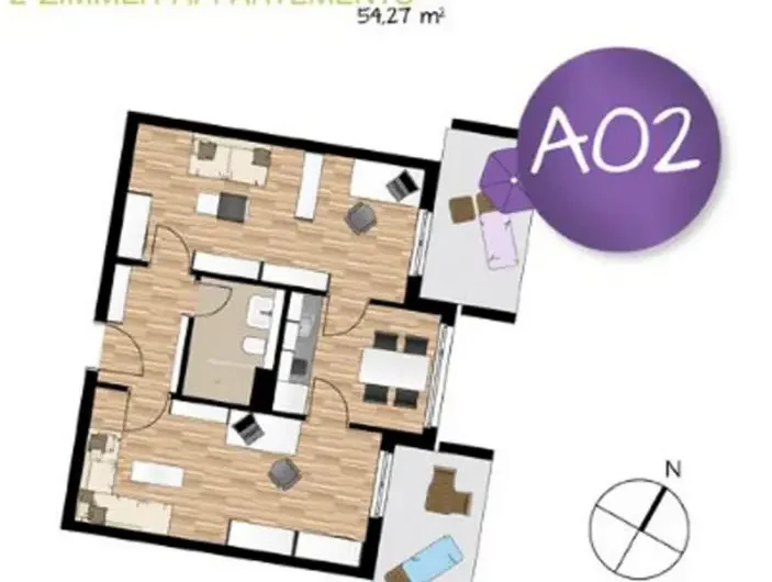 Floor plan of AO2: a 2-room apartment totaling 54.27 m² with living/dining area, kitchen, two bedrooms, bathroom, and a balcony (compass rose shown).