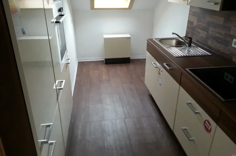 Narrow galley kitchen with white base cabinets, stainless sink and drainer on the right, a glass-ceramic hob, and a small chest freezer at the far wall under a skylight.