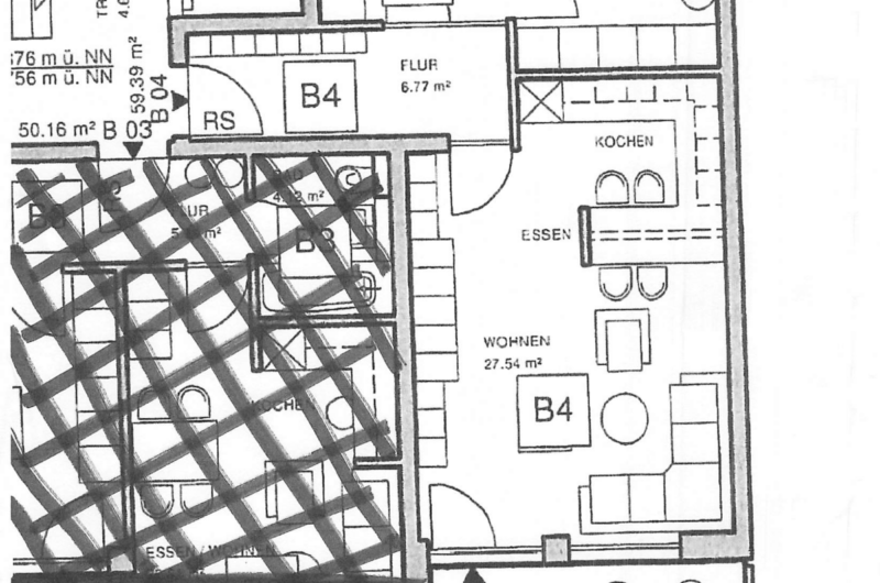 Grundriss eines Apartments mit Eingang, Flur, Wohnen, Kochen/Essecke, Schlafzimmer und Bad; links unten area durch Schraffur blockiert.