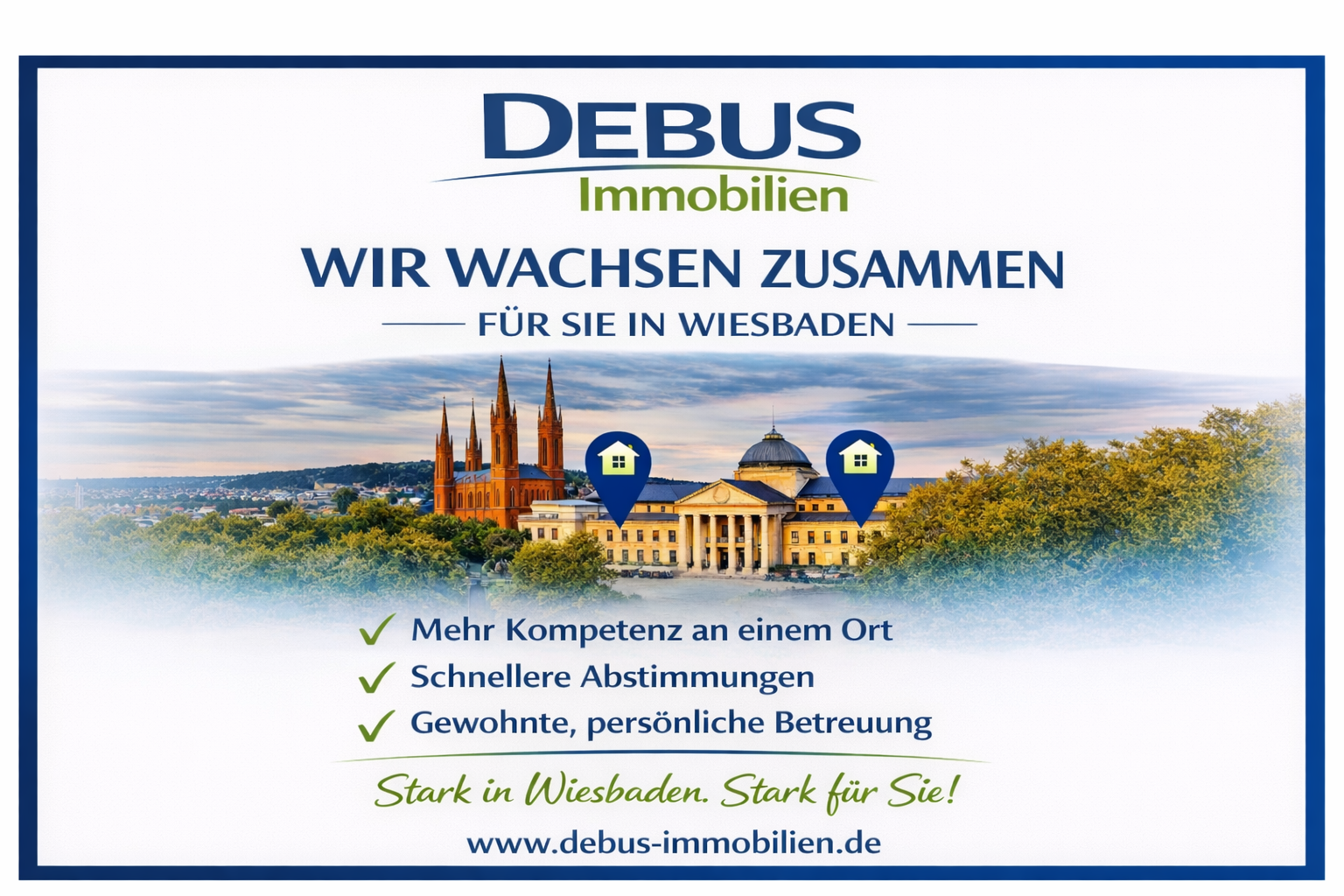 Debus Immobilien poster announcing growth in Wiesbaden, featuring city skyline, location pins and three green checkmarks highlighting benefits; website debus-immobilien.de