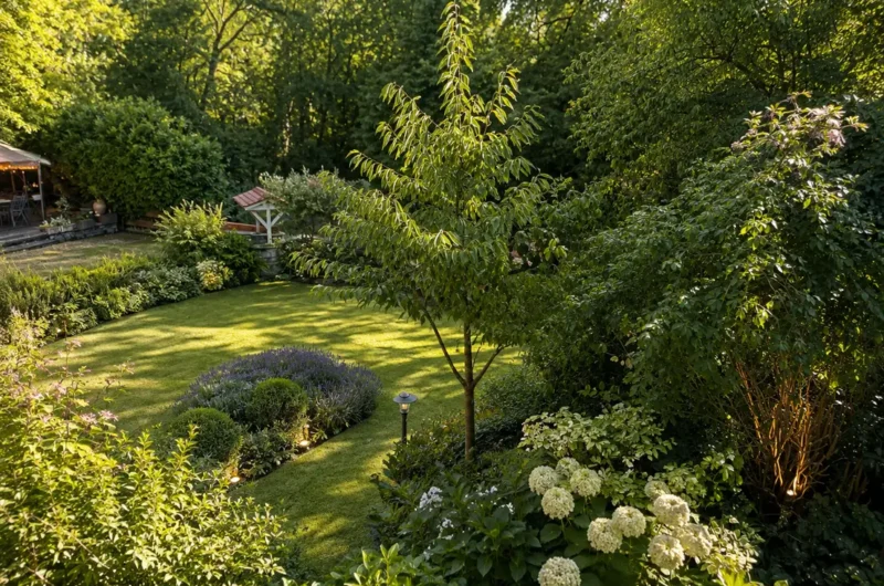 Sunlit suburban garden with a central young tree, a neat lawn, lavender border, white hydrangeas, and a left-edge seating area.