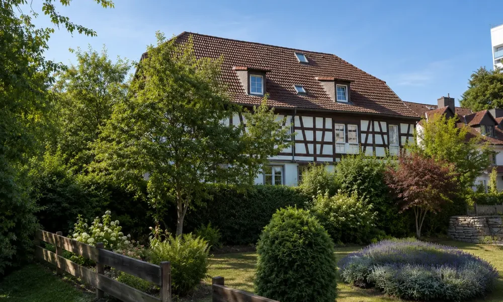 Timber-framed house with a red-tiled roof behind a lush garden on a sunny day.