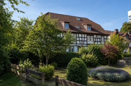 Timber-framed house with a red-tiled roof behind a lush garden on a sunny day.