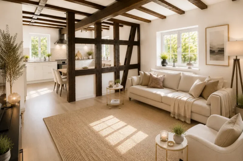 Open-plan living room with beige sofa and light furniture, dark wooden beams, and a bright kitchen in the background; sunny windows and houseplants add warmth.