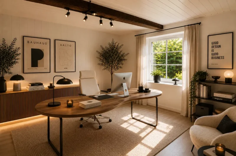 Modern home office with large wooden desk, iMac, and office chair under warm ambient lighting