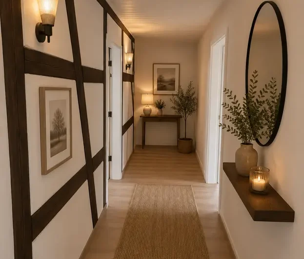 Cozy hallway with dark wooden beams, framed art, and warm wall sconces along a beige runner rug for a homey entryway look.