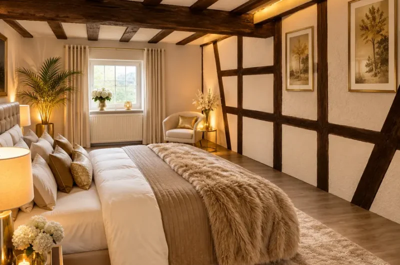 Luxurious bedroom with exposed dark wooden beams, a king bed with beige bedding and a plush fur throw, and warm lighting.
