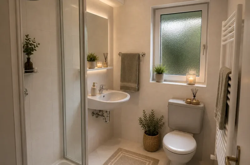 Compact modern bathroom with glass shower, wall sink, toilet, and frosted window; greenery on the sill provides a calming touch.