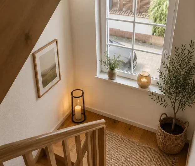 Cozy stairwell landing with a wooden railing, window, potted plant, and a lit candle in a black holder on the floor beside a woven rug.