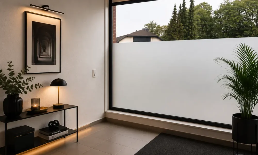 Modern minimalist entryway with a frosted glass window, black console table, and a potted plant beside a framed black-and-white photo.