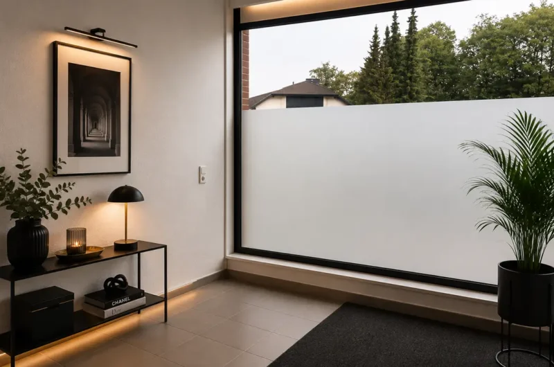 Modern minimalist entryway with a frosted glass window, black console table, and a potted plant beside a framed black-and-white photo.