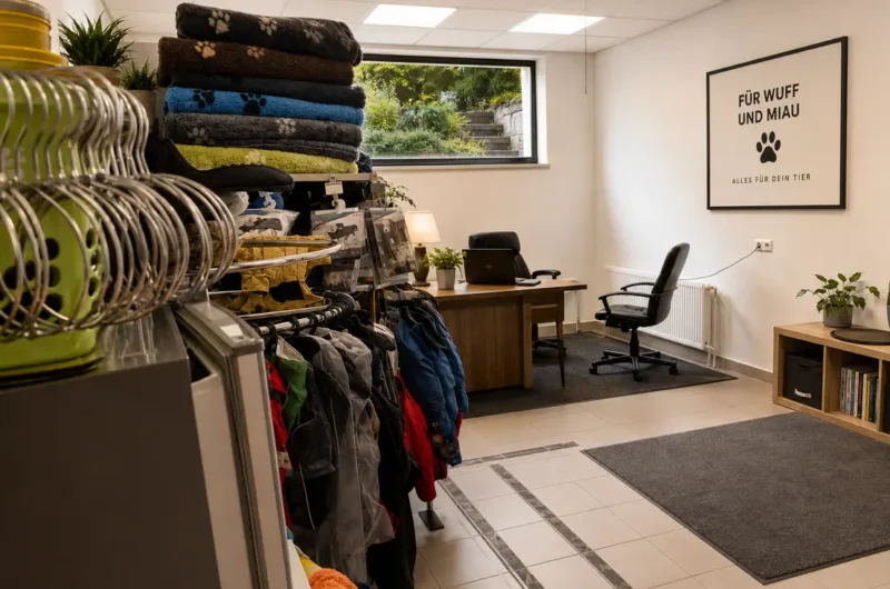 Pet shop interior with a desk and office chair, stacked blankets and clothing racks in the foreground.