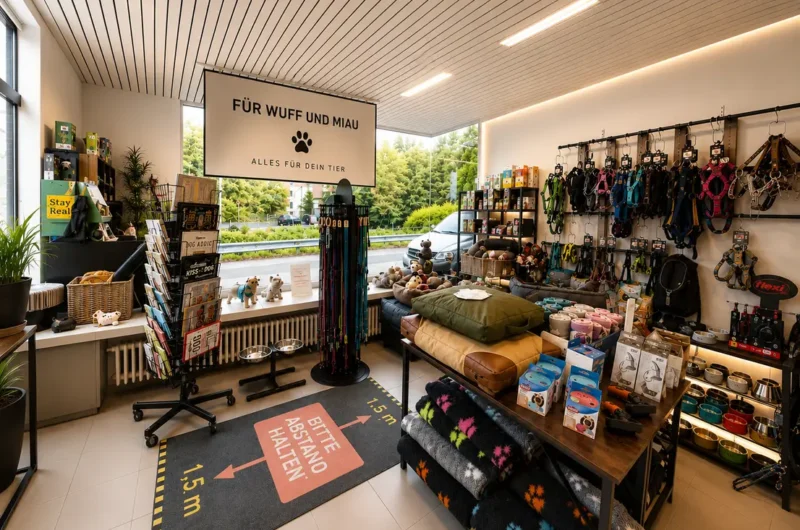 Pet shop interior with shelves of collars, leashes, beds and toys; sign reads 'Für Wuff und Miau' behind the display window.