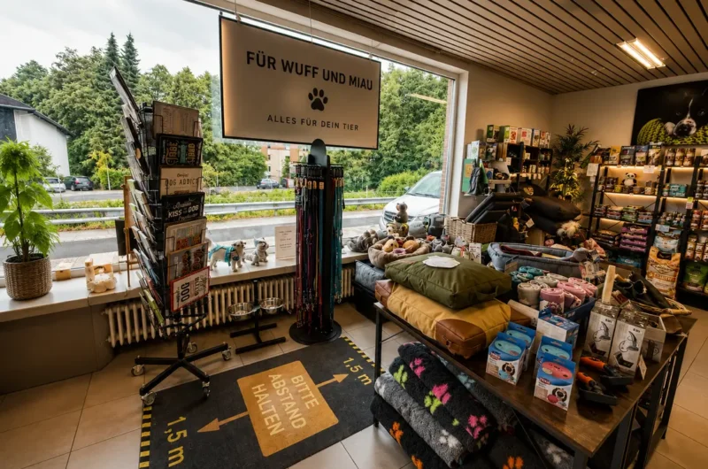 Pet shop interior with dog and cat supplies, including beds, leashes, and toys, near a large window and a German sign reading 'Für Wuff und Miau'.