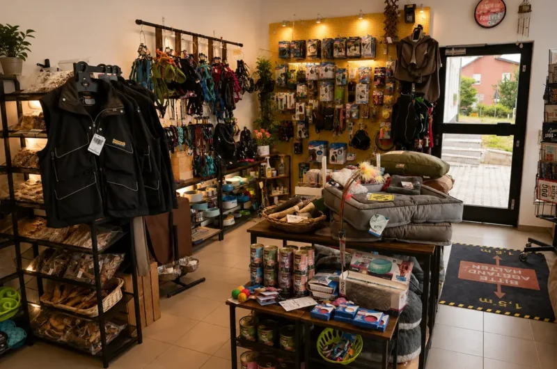 Pet shop interior with hanging harnesses and jackets, shelves of bowls and treats, a table stacked with dog beds and accessories, and a glass door at the back.