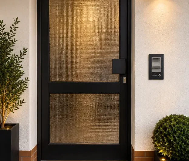 Modern black front door with frosted textured glass panels, entry hardware, and a wall light on a beige exterior wall, with potted plants nearby.