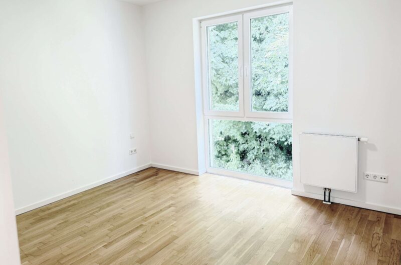 Empty white room with light wood floor and a large window showing green trees outside; radiator on the right side of the wall, empty space.