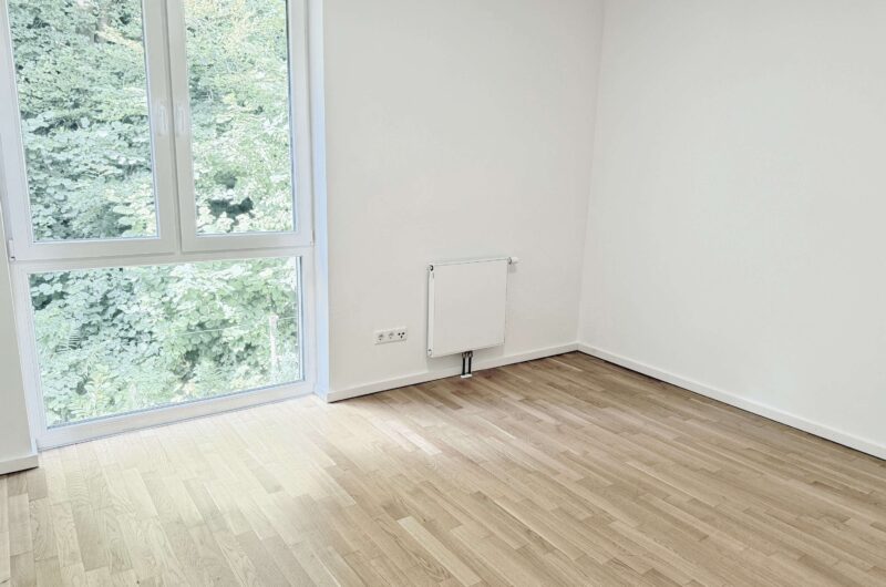 Bright empty room with a large glass door/window showing green foliage outside, white walls, and light wood flooring
